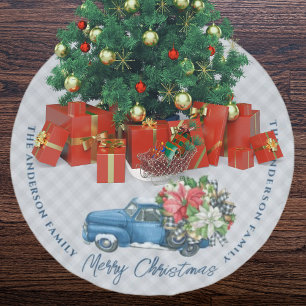 Grey Farmhouse Plaid Vintage Blue Christmas Truck Brushed Polyester Tree Skirt