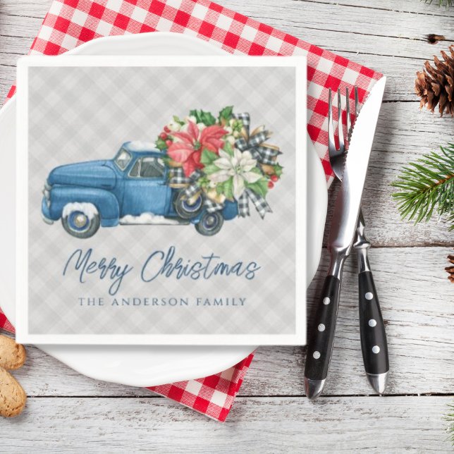 Grey Farmhouse Plaid Vintage Blue Christmas Truck Napkin (Creator Uploaded)