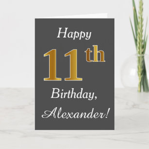 Grey, Faux Gold 11th Birthday + Custom Name Card