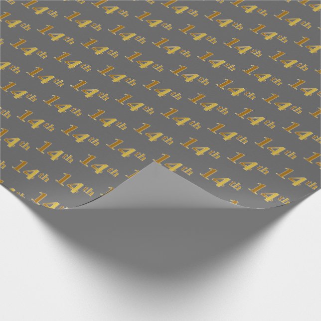 Grey, Faux Gold 14th (Fourteenth) Event Wrapping Paper (Corner)