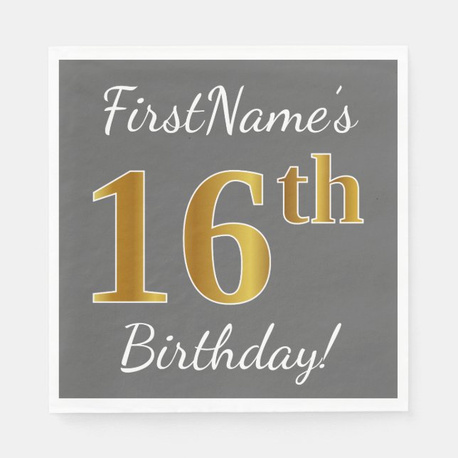Grey, Faux Gold 16th Birthday + Custom Name Napkin (Front)