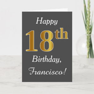 Grey, Faux Gold 18th Birthday + Custom Name Card