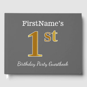 Grey, Faux Gold 1st Birthday Party + Custom Name Guest Book
