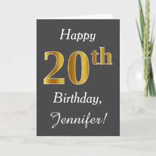 Grey, Faux Gold 20th Birthday + Custom Name Card