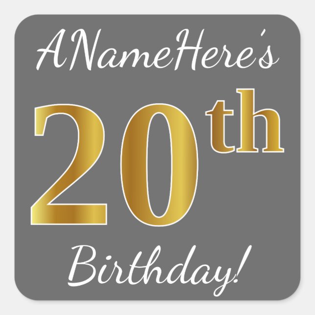 Grey, Faux Gold 20th Birthday + Custom Name Square Sticker (Front)