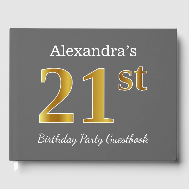 Grey, Faux Gold 21st Birthday Party + Custom Name Guest Book (Front)