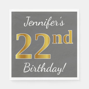 Grey, Faux Gold 22nd Birthday + Custom Name Napkin