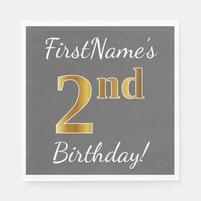 Grey, Faux Gold 2nd Birthday + Custom Name Napkin (Front)