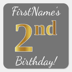 Grey, Faux Gold 2nd Birthday + Custom Name Sticker