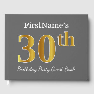 Grey, Faux Gold 30th Birthday Party + Custom Name Guest Book