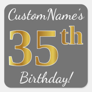 Grey, Faux Gold 35th Birthday + Custom Name Square Sticker