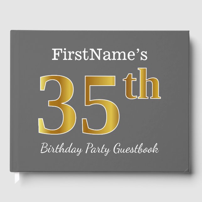 Grey, Faux Gold 35th Birthday Party + Custom Name Guest Book (Front)