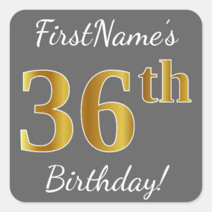 Grey, Faux Gold 36th Birthday + Custom Name Square Sticker