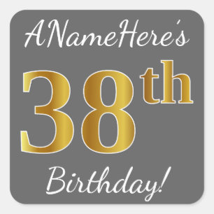 Grey, Faux Gold 38th Birthday + Custom Name Square Sticker