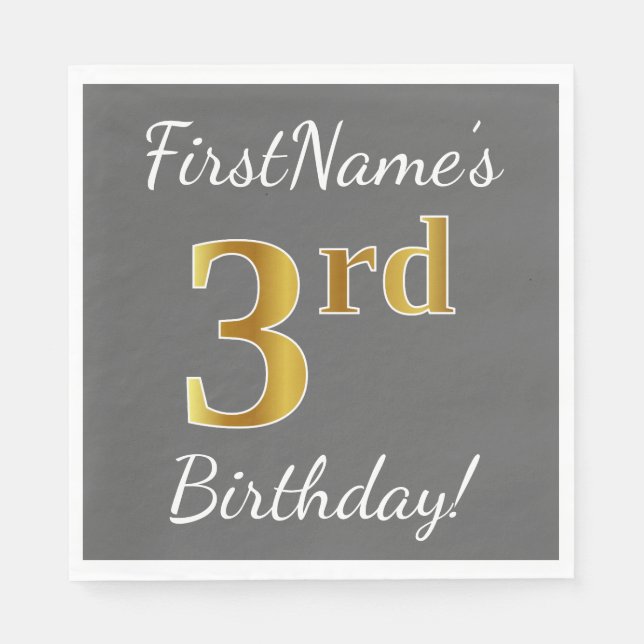 Grey, Faux Gold 3rd Birthday + Custom Name Napkin (Front)