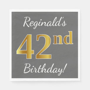 Grey, Faux Gold 42nd Birthday + Custom Name Napkin