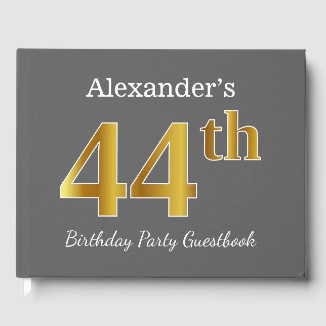 Grey, Faux Gold 44th Birthday Party + Custom Name Guest Book (Front)