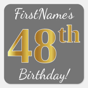 Grey, Faux Gold 48th Birthday + Custom Name Square Sticker