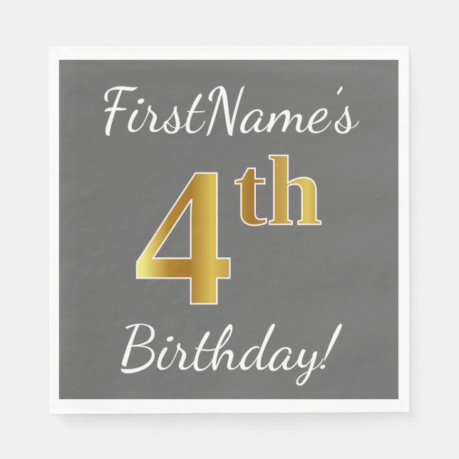 Grey, Faux Gold 4th Birthday + Custom Name Napkin (Front)