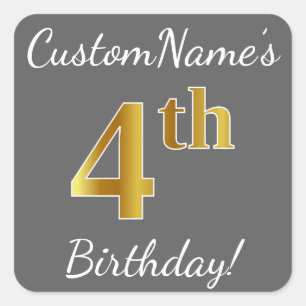Grey, Faux Gold 4th Birthday + Custom Name Sticker