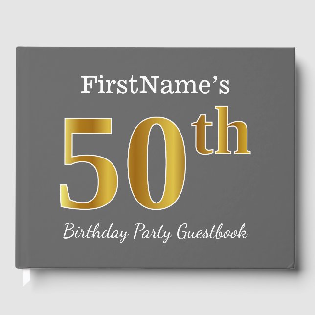 Grey, Faux Gold 50th Birthday Party + Custom Name Guest Book (Front)