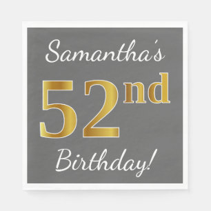 Grey, Faux Gold 52nd Birthday + Custom Name Napkin