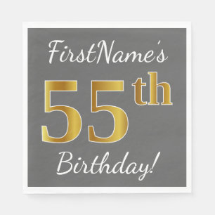 Grey, Faux Gold 55th Birthday + Custom Name Napkin