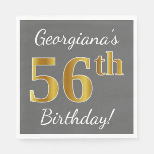 Grey, Faux Gold 56th Birthday + Custom Name Napkin