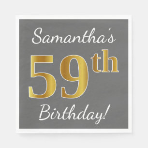 Grey, Faux Gold 59th Birthday + Custom Name Napkin