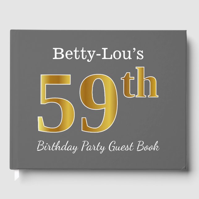 Grey, Faux Gold 59th Birthday Party + Custom Name Guest Book (Front)