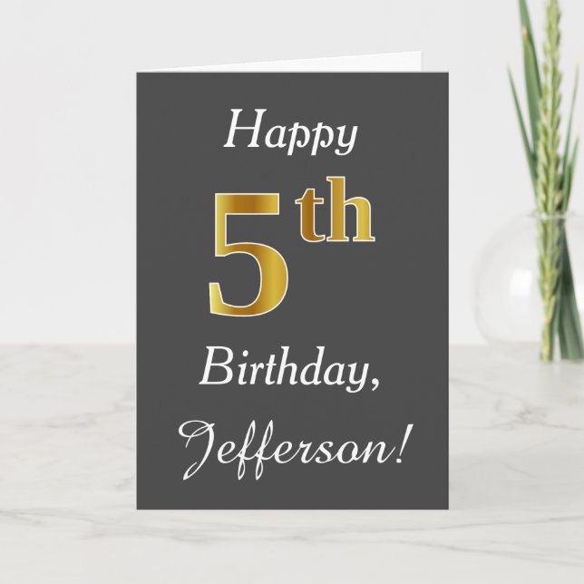 Grey, Faux Gold 5th Birthday + Custom Name Card (Front)