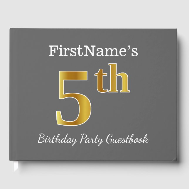 Grey, Faux Gold 5th Birthday Party + Custom Name Guest Book (Front)