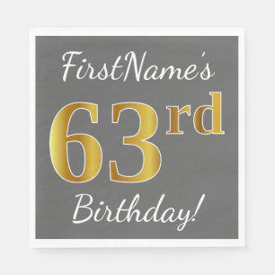 Grey, Faux Gold 63rd Birthday + Custom Name Napkin