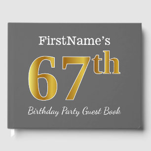 Grey, Faux Gold 67th Birthday Party + Custom Name Guest Book
