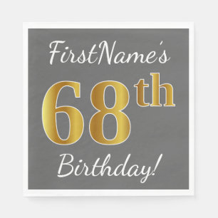 Grey, Faux Gold 68th Birthday + Custom Name Napkin