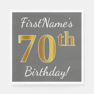 Grey, Faux Gold 70th Birthday + Custom Name Napkin