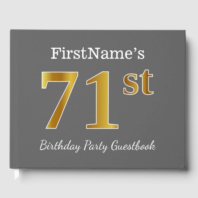 Grey, Faux Gold 71st Birthday Party + Custom Name Guest Book (Front)