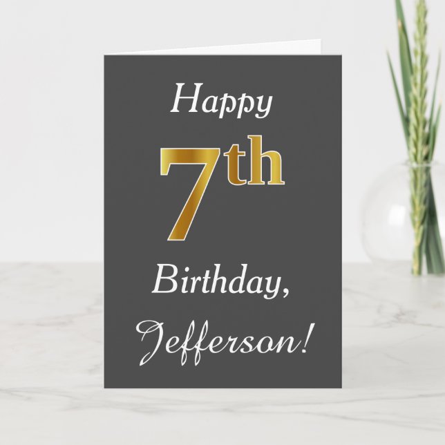 Grey, Faux Gold 7th Birthday + Custom Name Card (Front)