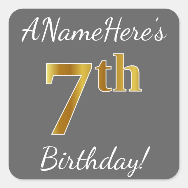 Grey, Faux Gold 7th Birthday + Custom Name Sticker (Front)