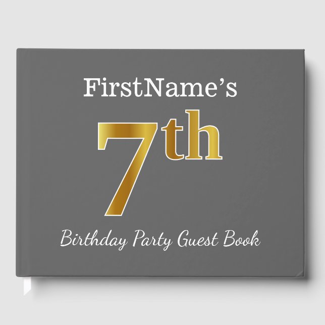 Grey, Faux Gold 7th Birthday Party + Custom Name Guest Book (Front)