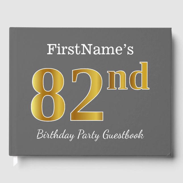 Grey, Faux Gold 82nd Birthday Party + Custom Name Guest Book (Front)
