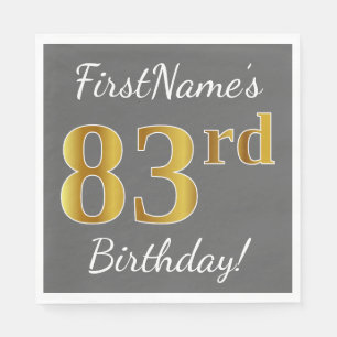 Grey, Faux Gold 83rd Birthday + Custom Name Napkin