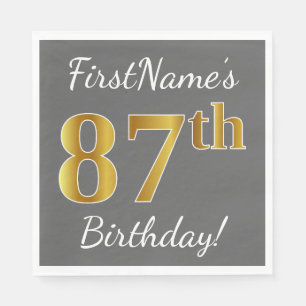 Grey, Faux Gold 87th Birthday + Custom Name Napkin