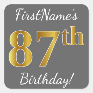 Grey, Faux Gold 87th Birthday + Custom Name Square Sticker