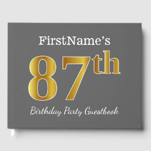 Grey, Faux Gold 87th Birthday Party + Custom Name Guest Book