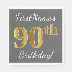 Grey, Faux Gold 90th Birthday + Custom Name Napkin
