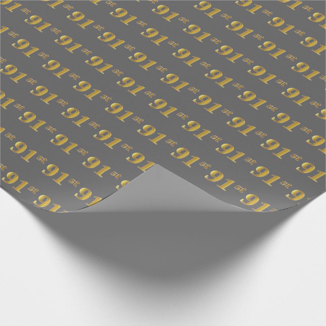Grey, Faux Gold 91st (Ninety-First) Event Wrapping Paper (Corner)