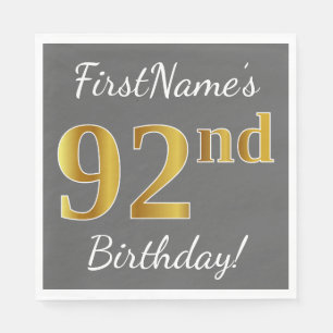 Grey, Faux Gold 92nd Birthday + Custom Name Napkin