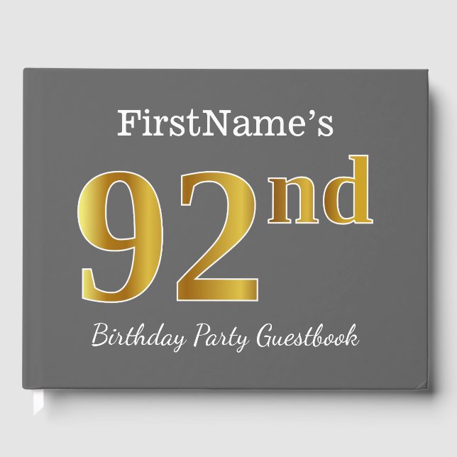 Grey, Faux Gold 92nd Birthday Party + Custom Name Guest Book (Front)
