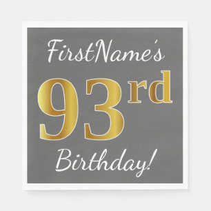 Grey, Faux Gold 93rd Birthday + Custom Name Napkin
